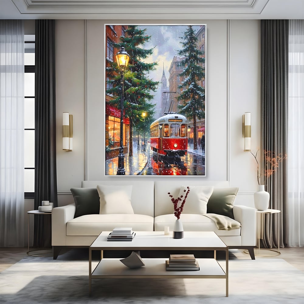 Tablou canvas cu pictura cu tramvai rosu in ninsoare, in rama de aluminiu argintiu, pe perete intr-un living